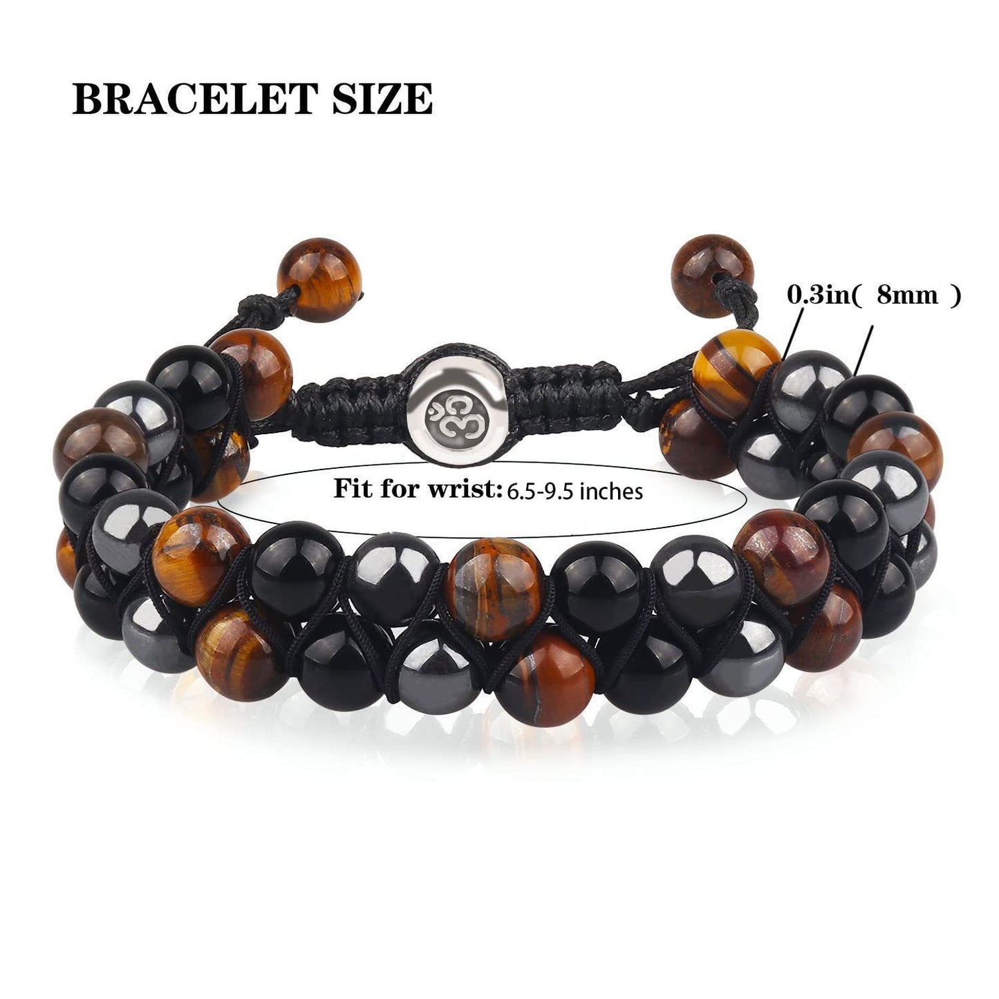 Tiger Eye, Onyx and Hematite Double Row Om Bracelet