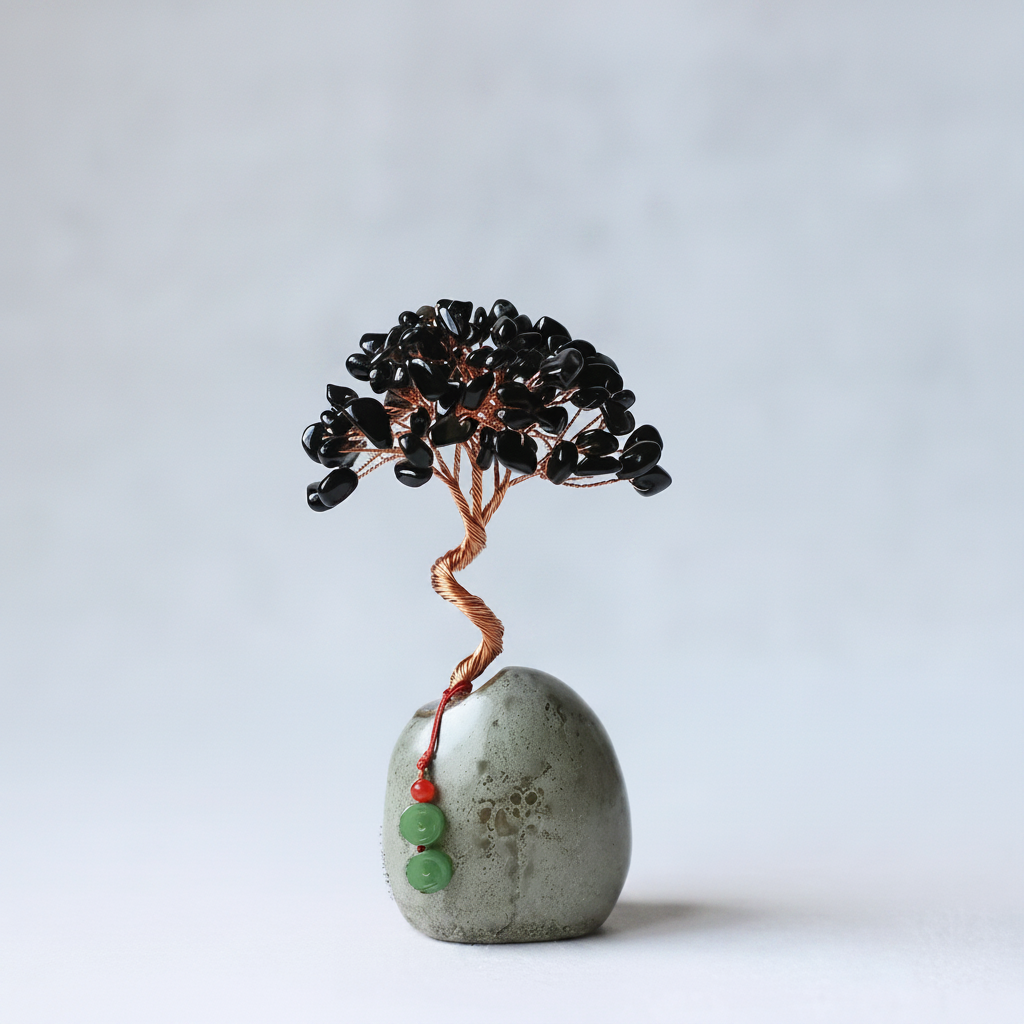 Black Obsidian Crystal Tree on Stone Base