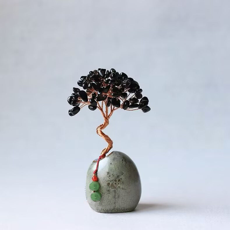 Black Obsidian Crystal Tree on Stone Base