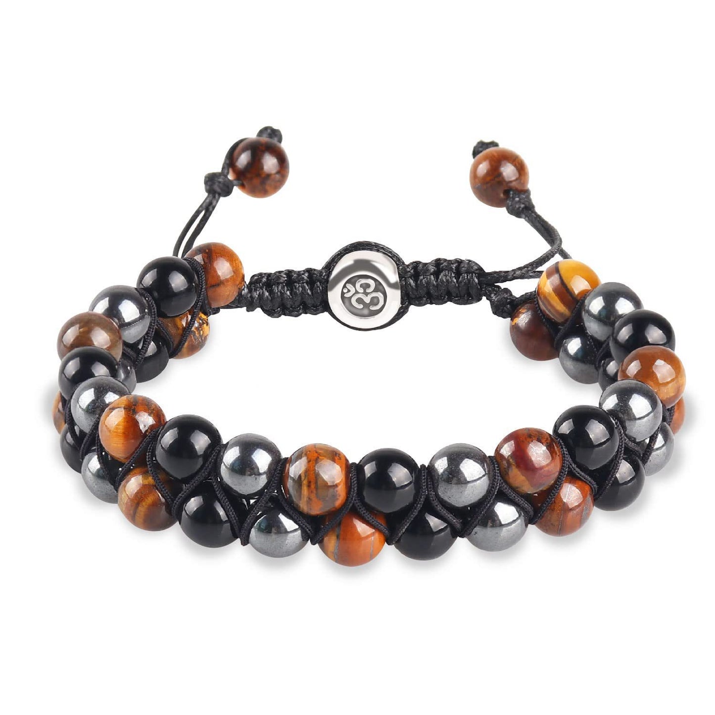 Tiger Eye, Onyx and Hematite Double Row Om Bracelet